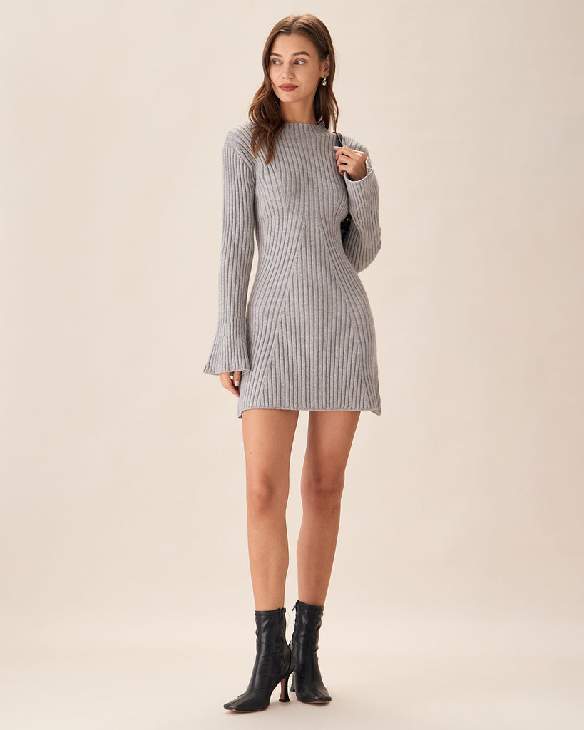 Grey Crew Neck Bell Sleeve Sweater Dress