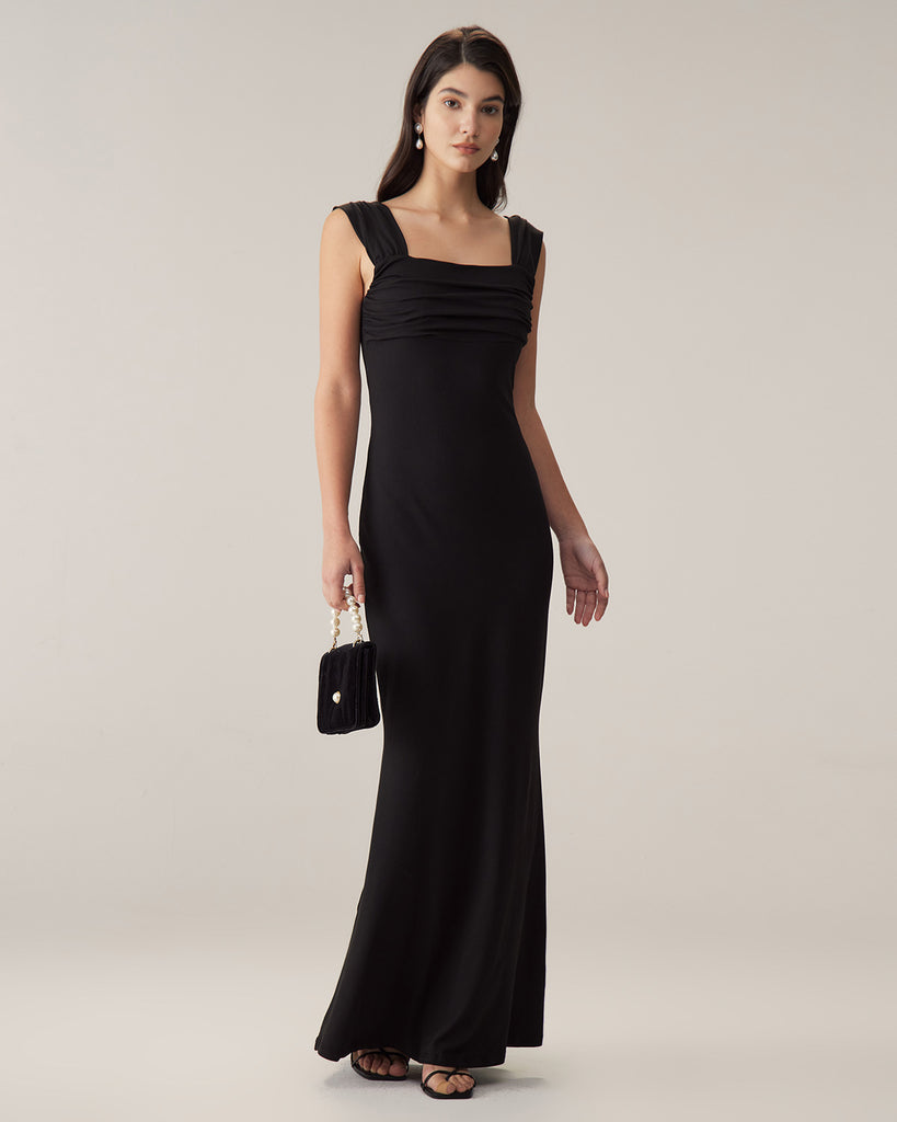 Black Ruched Trumpet Slip Maxi Dress