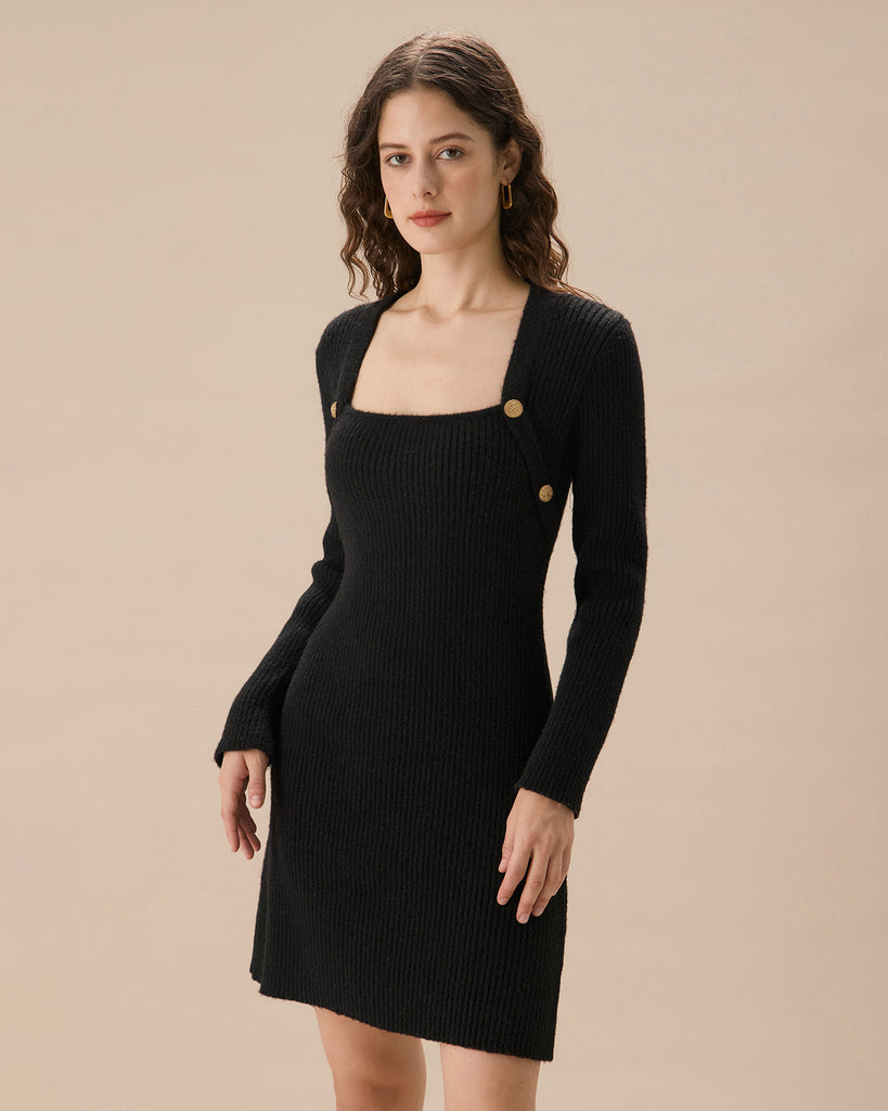 Black Square Neck Button Sweater Dress