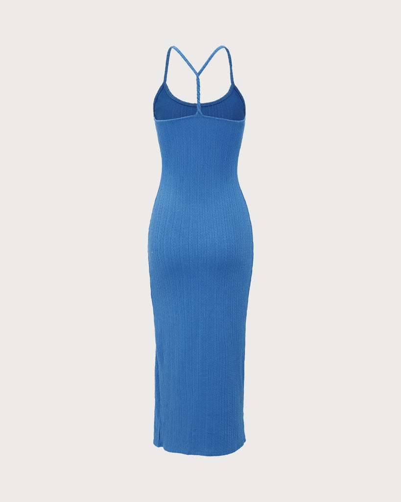 Blue Knit Backless Slit Maxi Dress