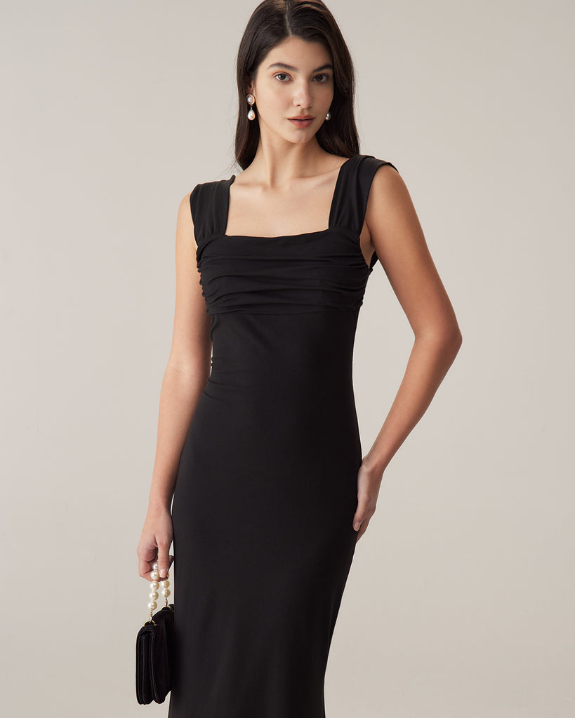 Black Ruched Trumpet Slip Maxi Dress