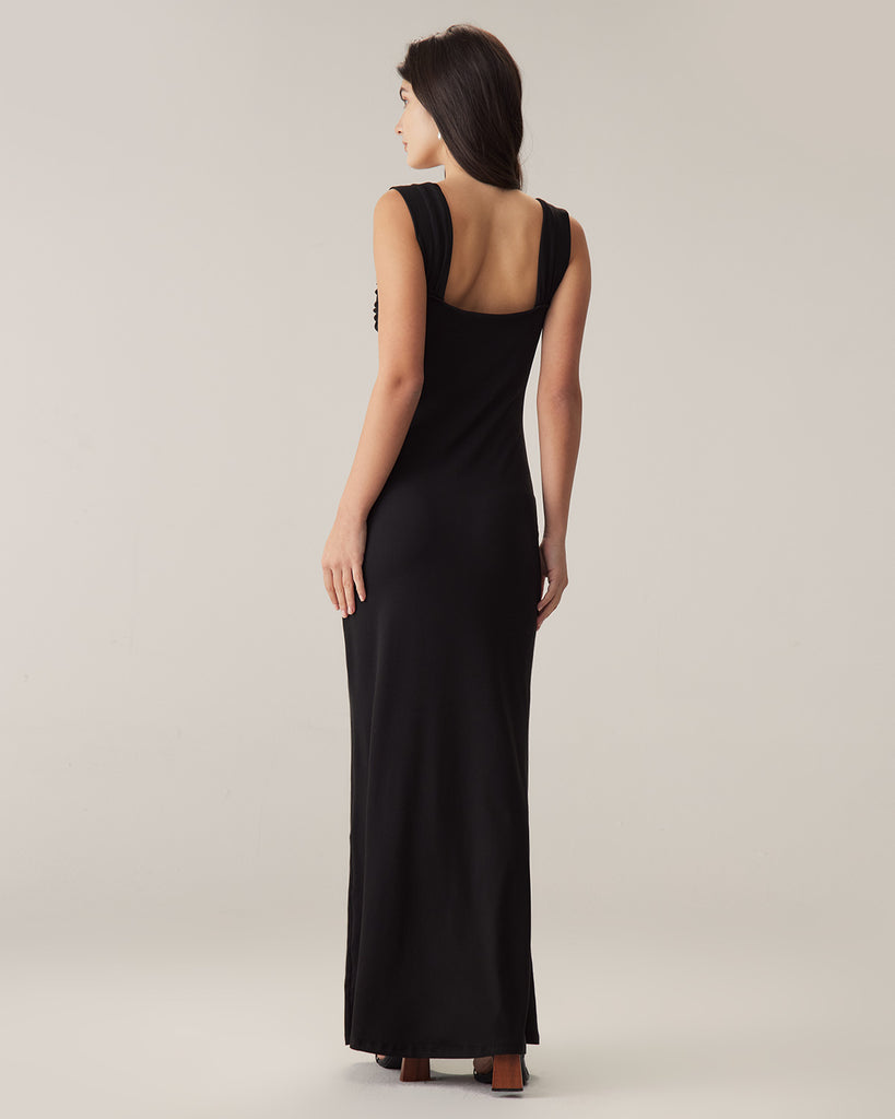 Black Ruched Trumpet Slip Maxi Dress