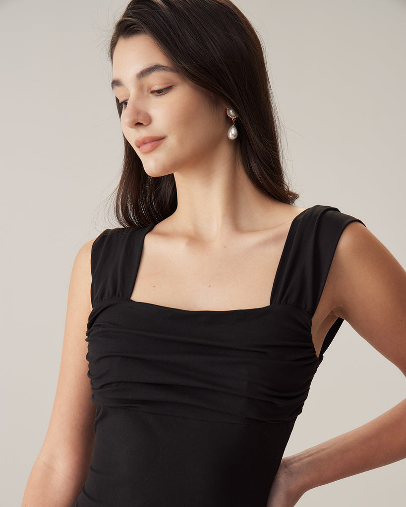 Black Ruched Trumpet Slip Maxi Dress