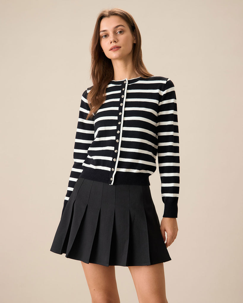 Women's Black Striped Single-Breasted Cardigan