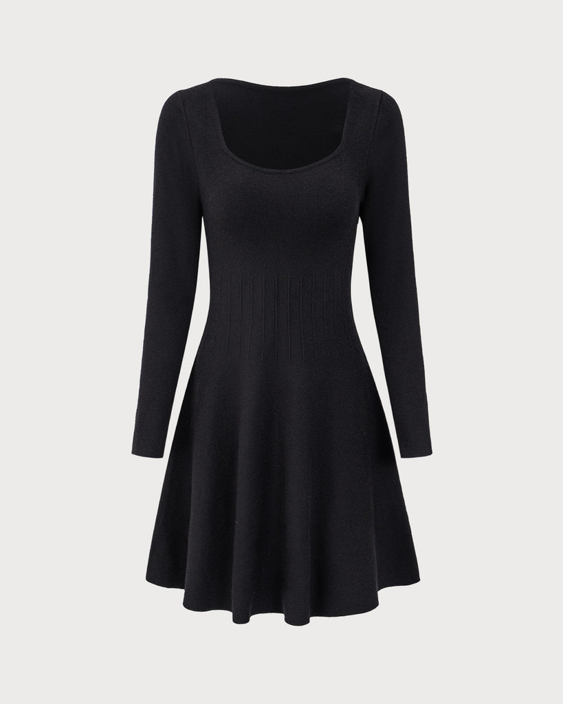 Black Square Neck Ribbed Sweater Dress