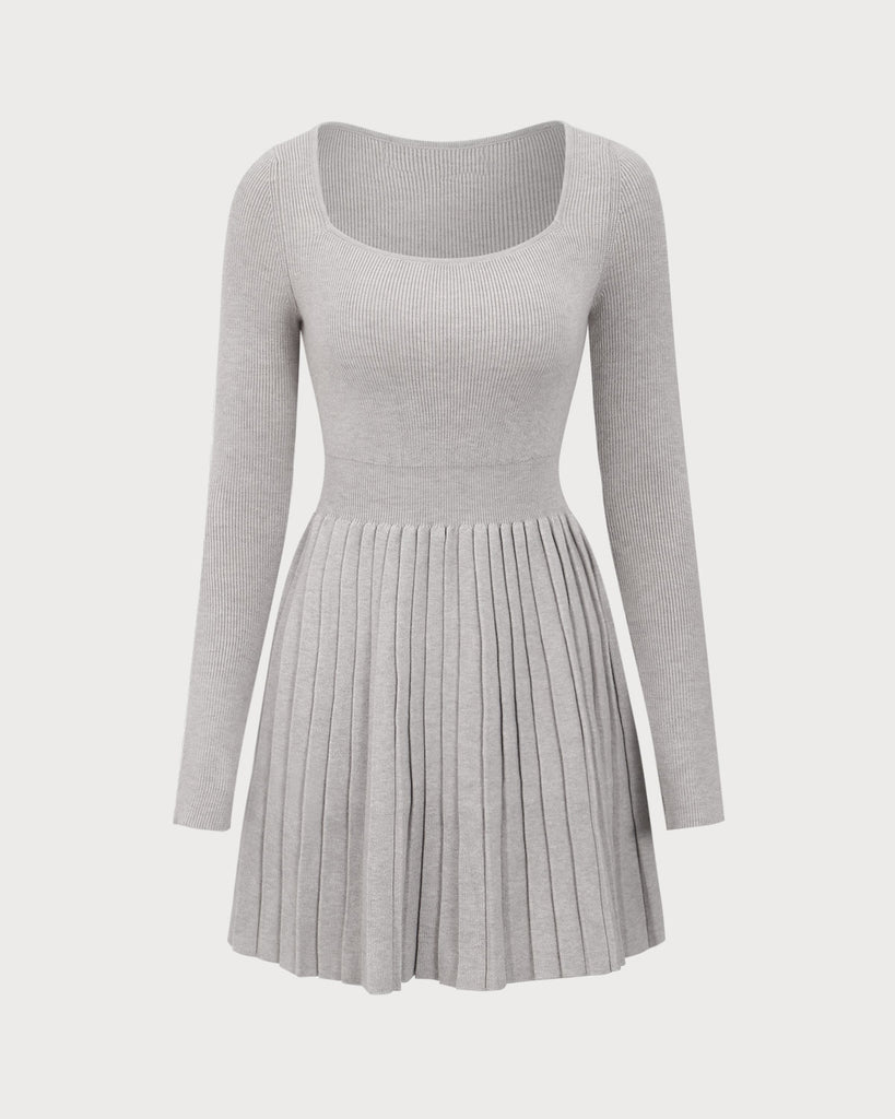 Apricot Square Neck Pleated Sweater Dress