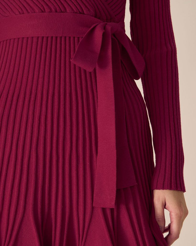 Wine Red Wrap Sweater Mini Dress