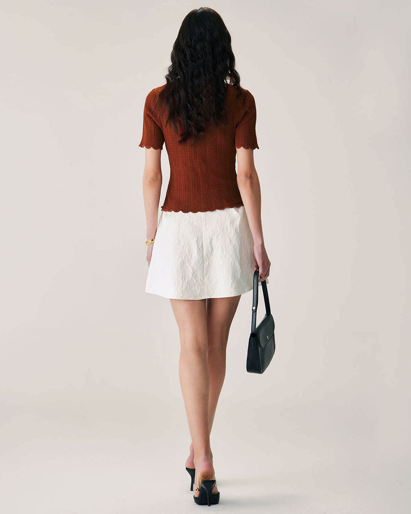 Brown Square Neck Scalloped Knit Tee