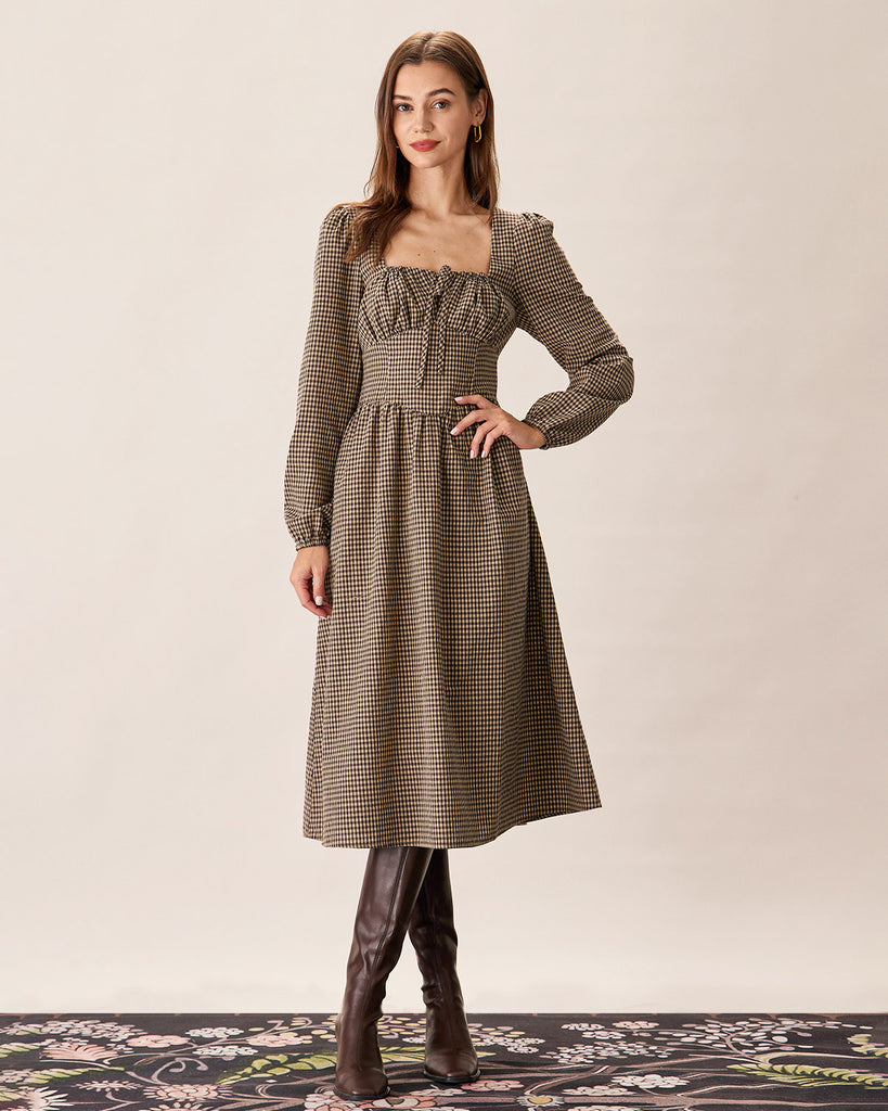 Brown Plaid Square Neck Ruched Midi Dress