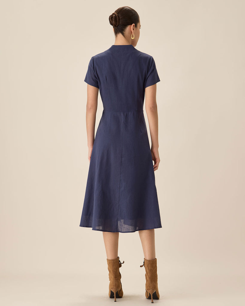 Navy Collared Button Midi Dress