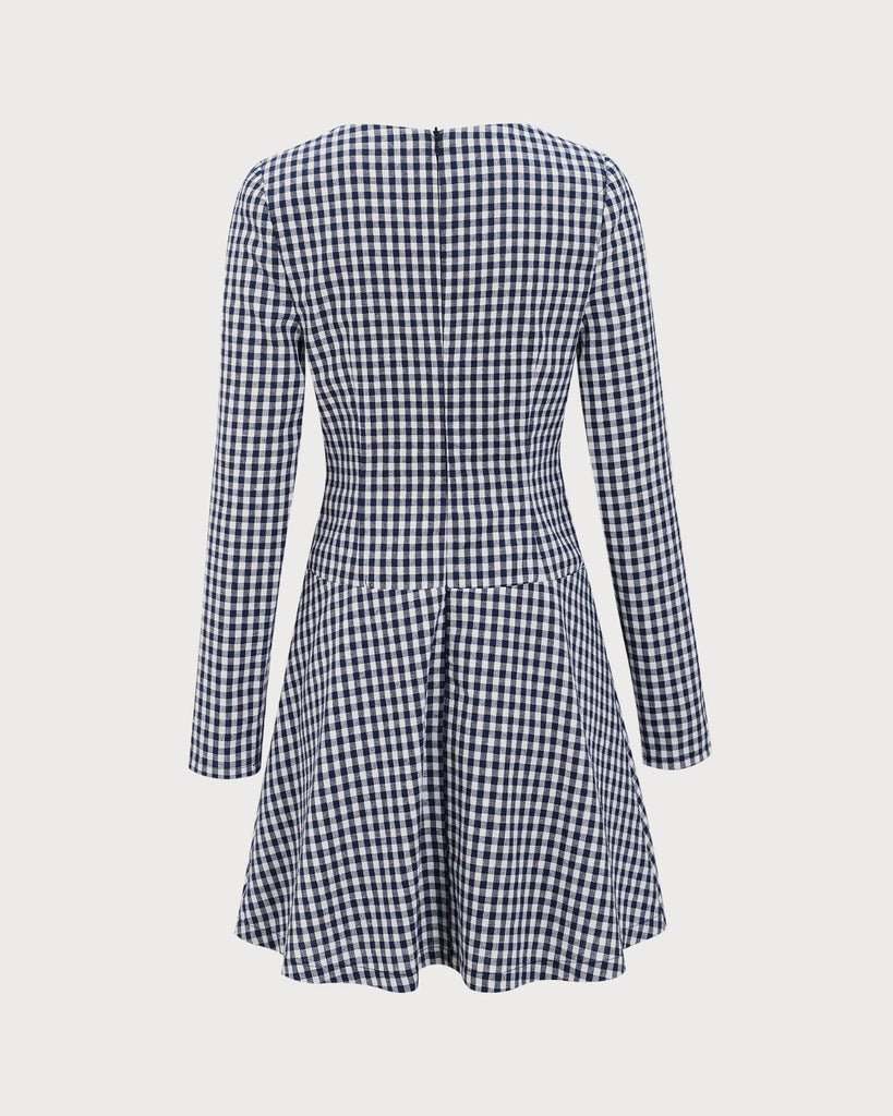 Navy Square Neck Plaid Mini Dress