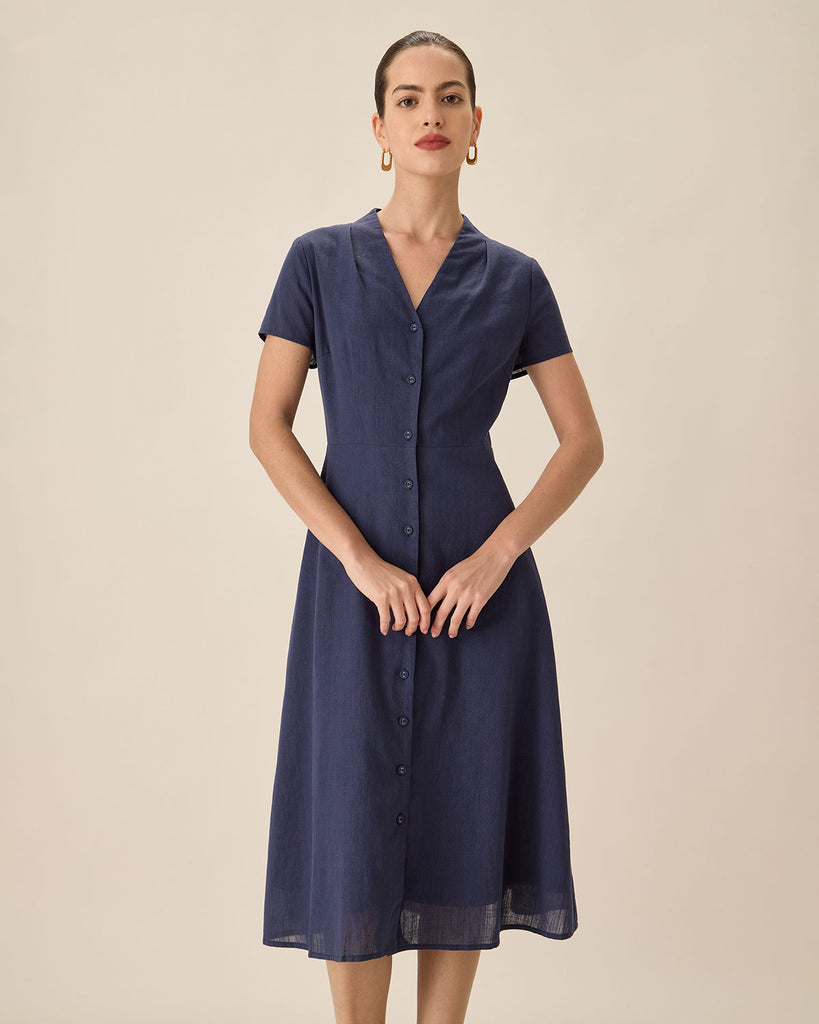 Navy Collared Button Midi Dress