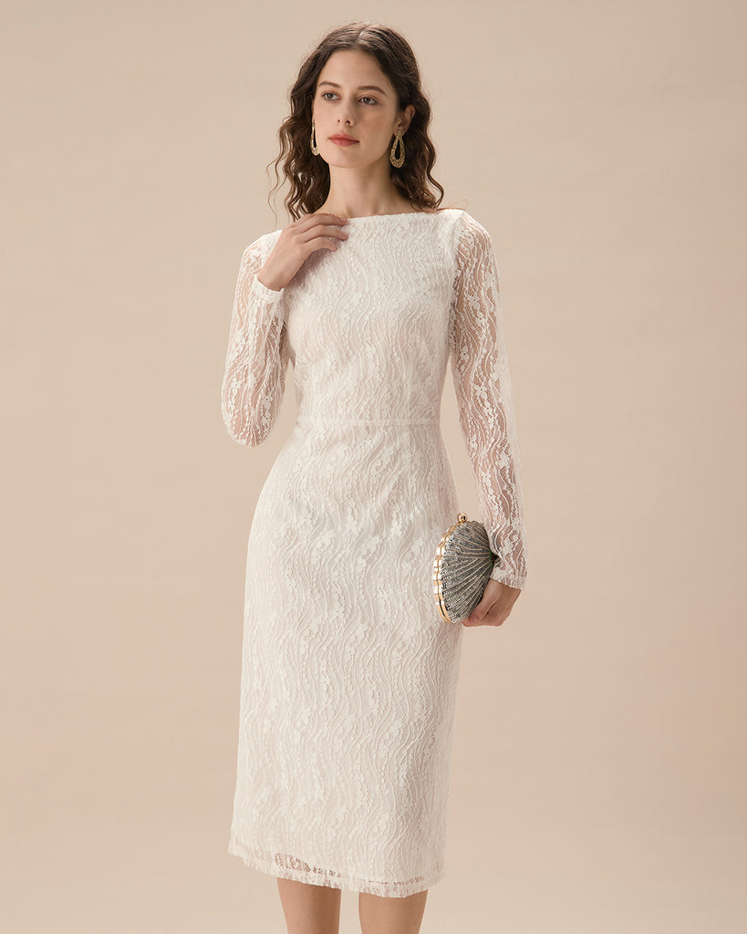 Women's White Lace Boat Neck Slit Midi Dress