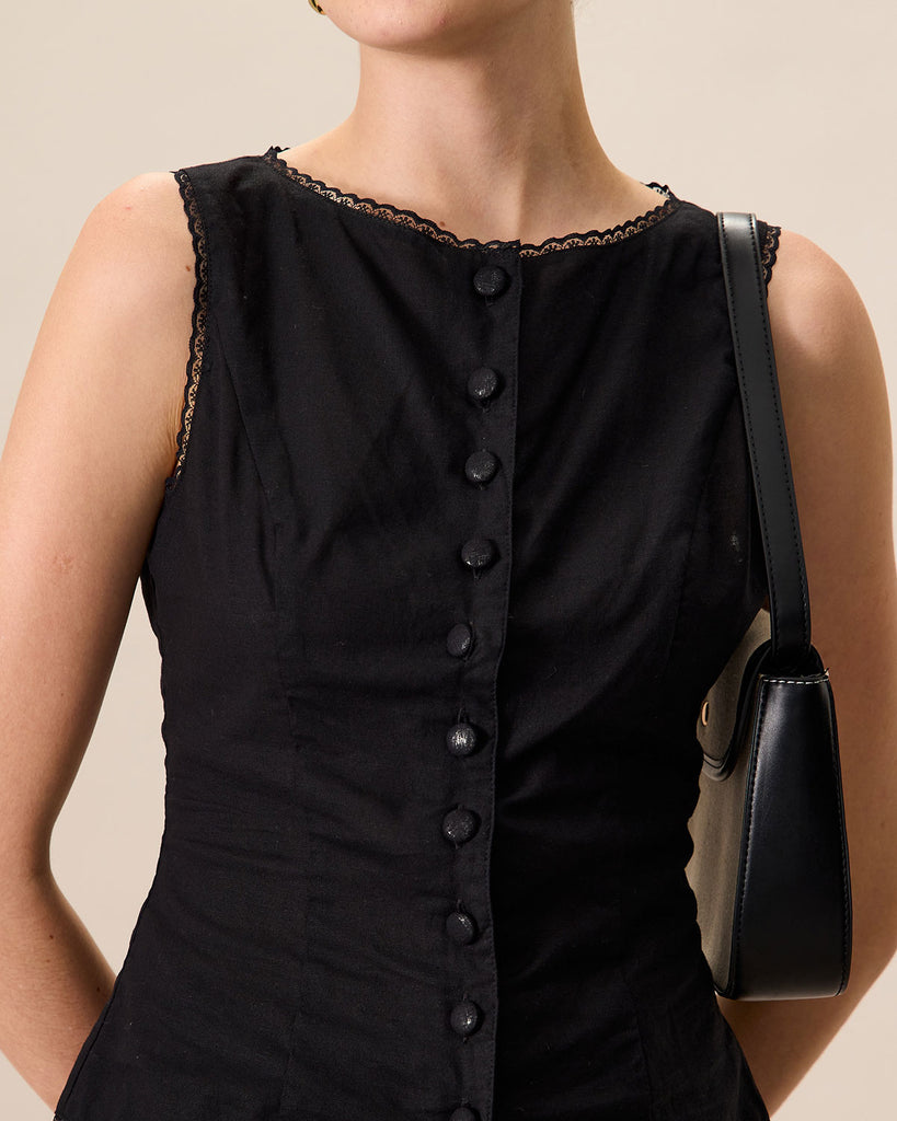 Women's Black Boat Neck Cotton Linen Vest