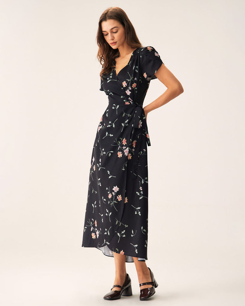 Black Floral Wrap Maxi Dress