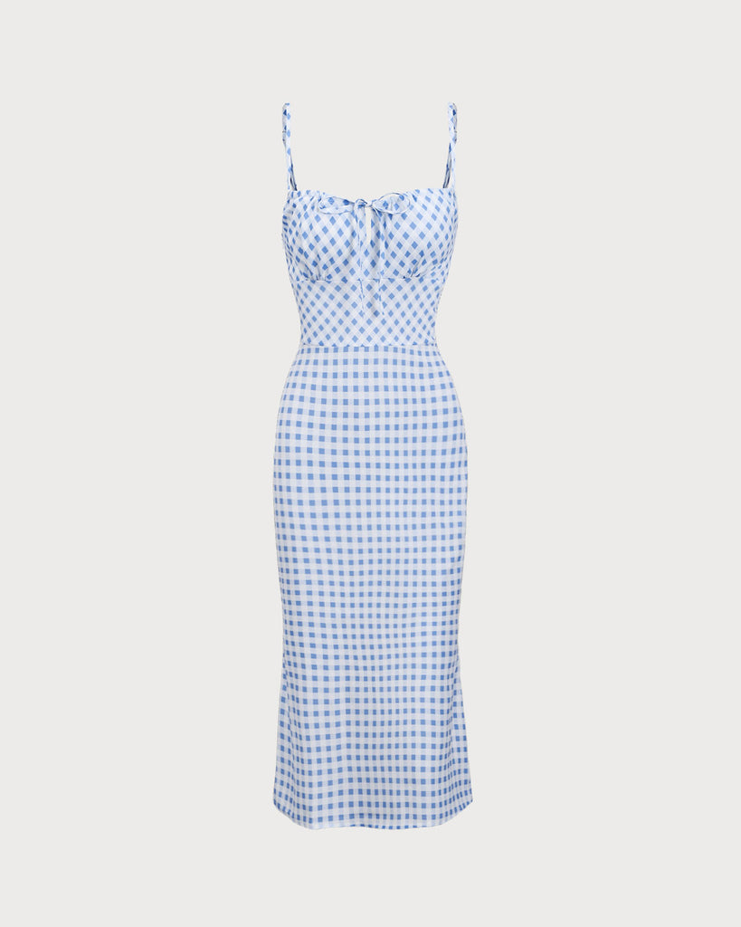 Blue Plaid Ruched Slip Midi Dress