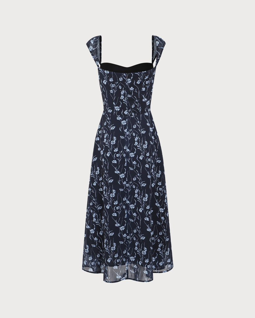 Navy Floral Sweetheart Neck Midi Dress