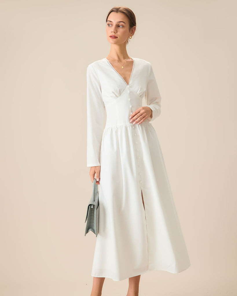 Women's White Ruched Button Maxi Dress