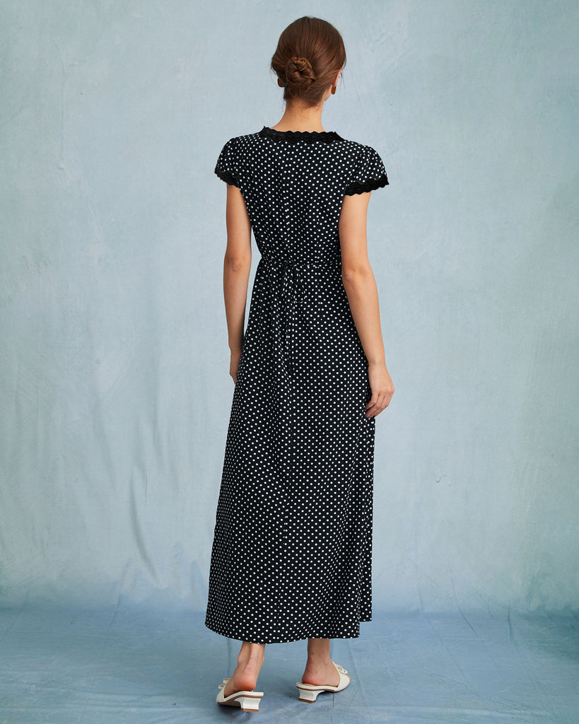 Black Polka Dot V Neck Maxi Dress