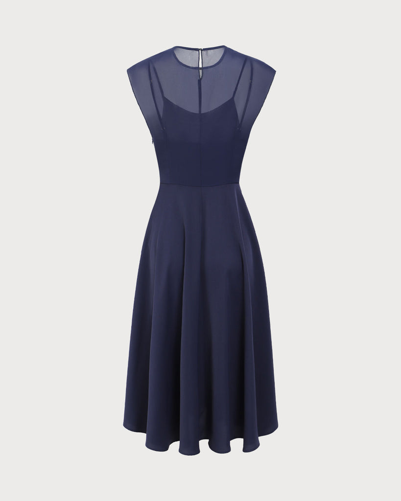 Navy See Through Cap Sleeve Midi Dress