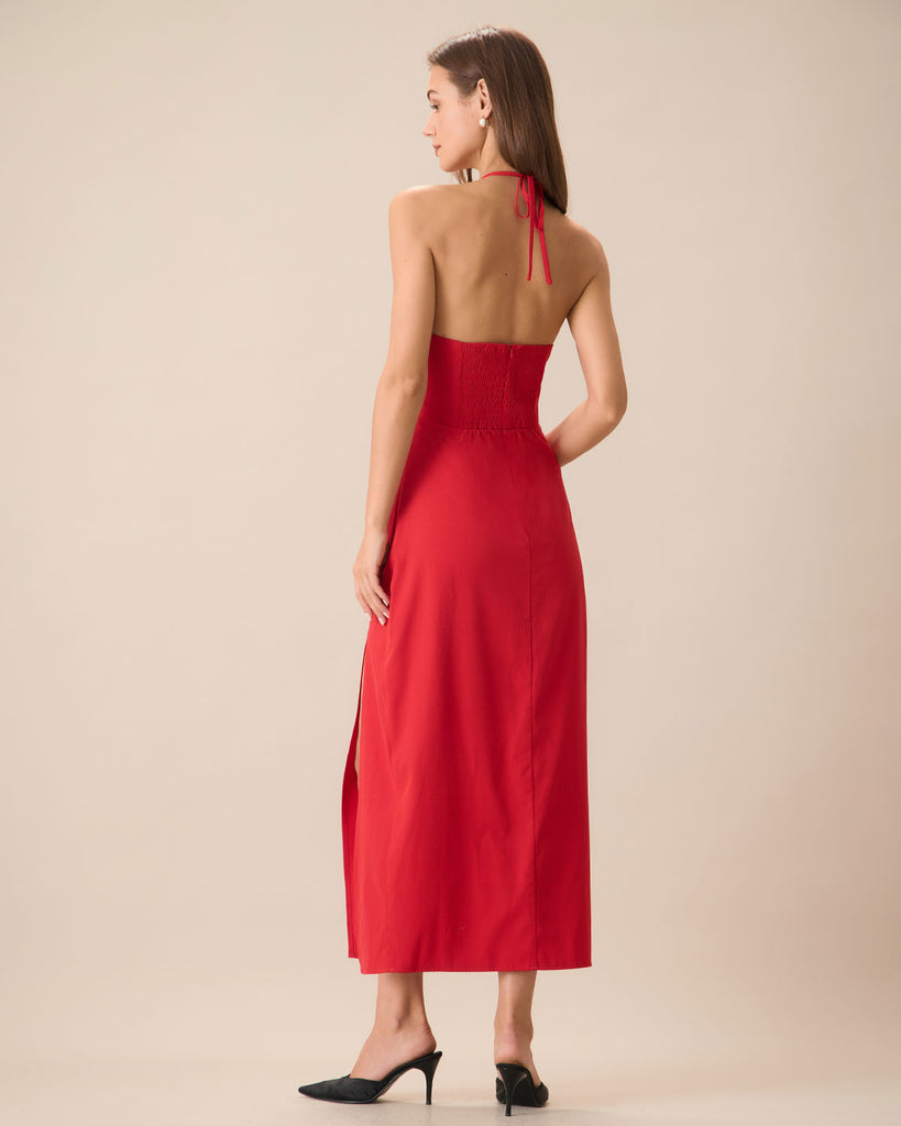 Women's Red Shirred Halter Maxi Dress