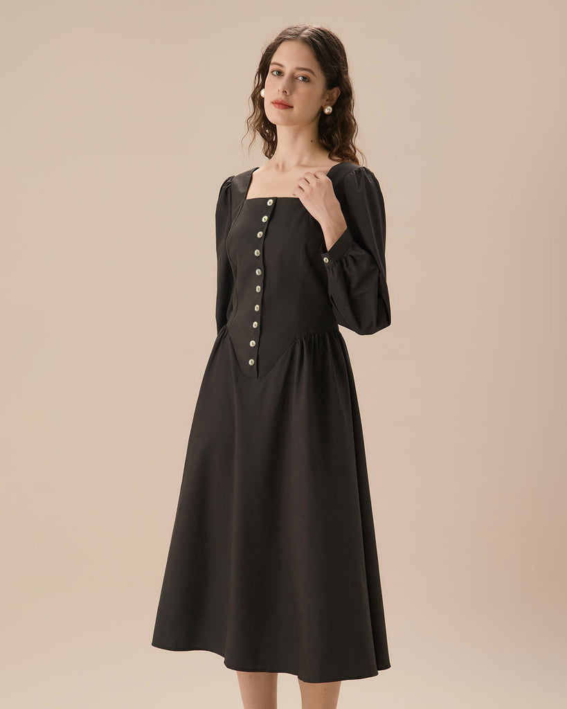 Women's Black Square Neck Puffed Sleeve Midi Dress