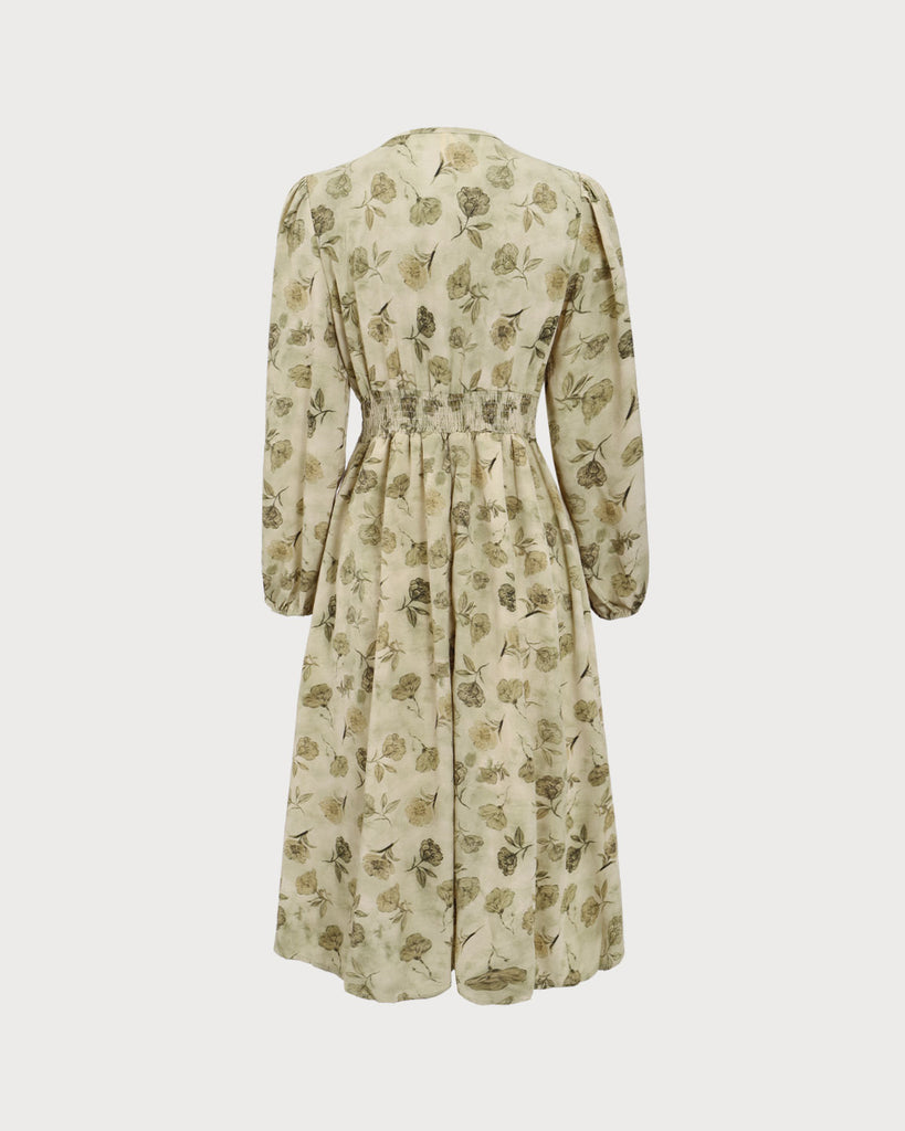 Green Floral Lantern Sleeve Midi Dress