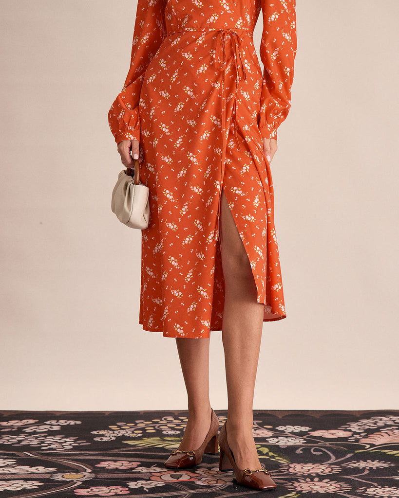 Orange Floral Wrap Midi Dress