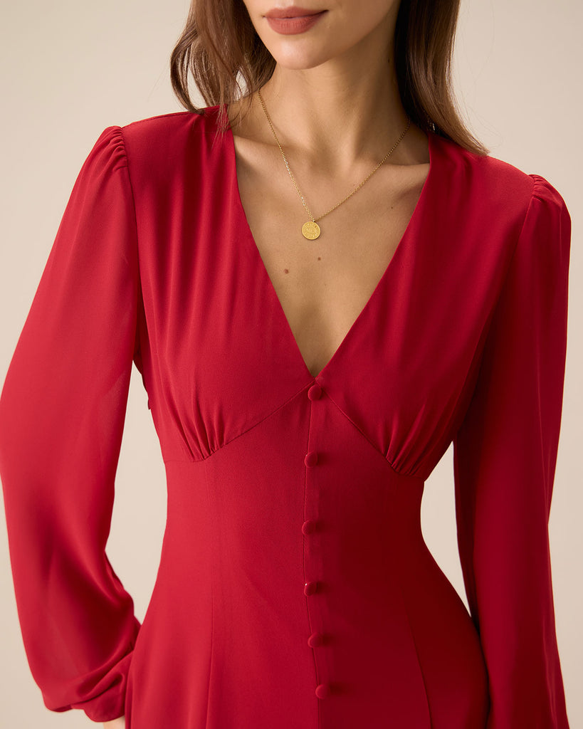 Women's Red V-Neck Puff Sleeve Slit Midi Dress