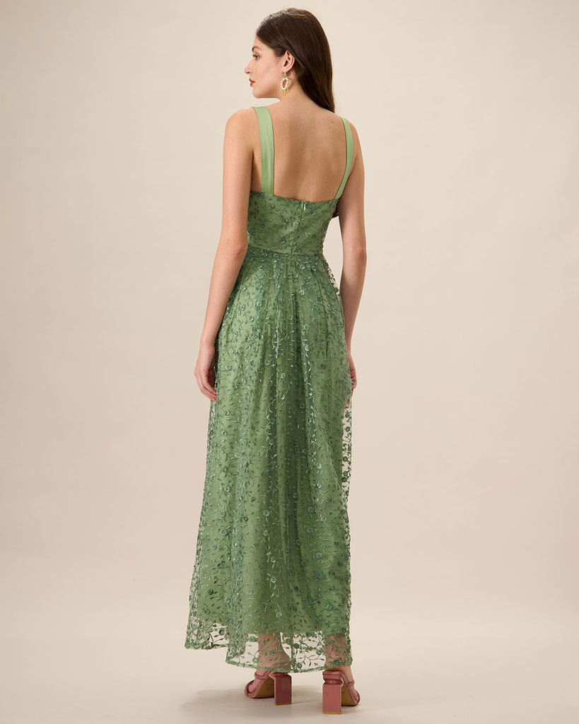 Women's Green Embroidery Mesh Slip Maxi Dress