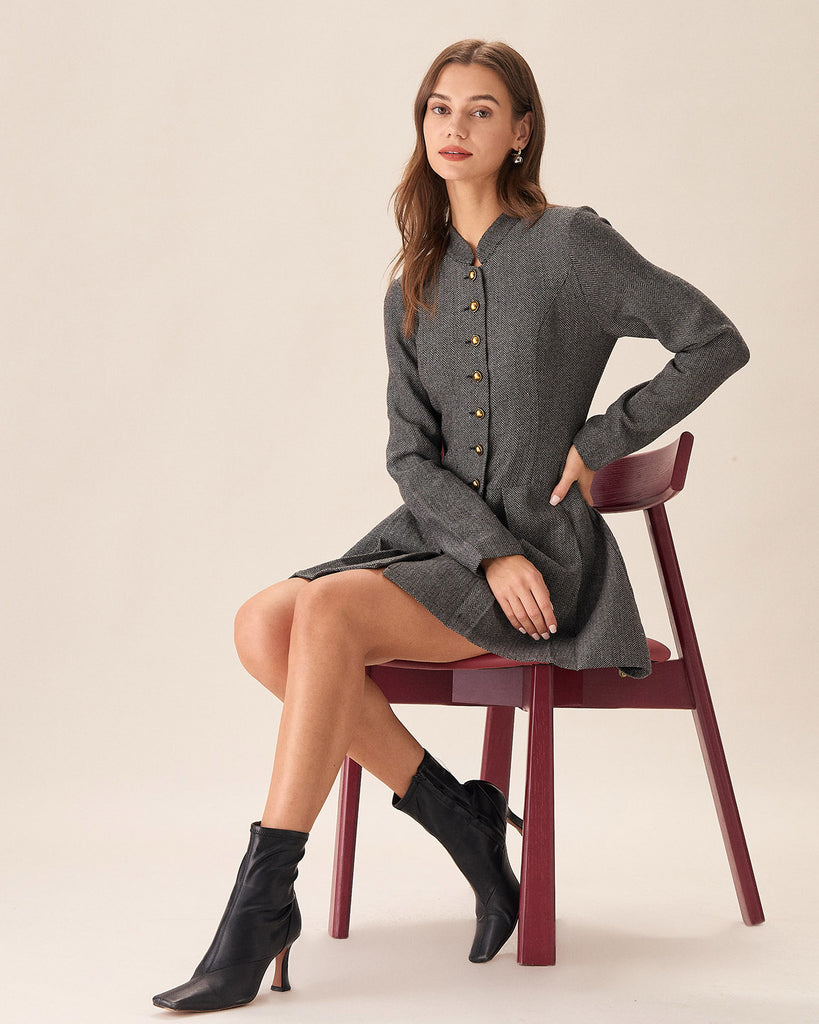 Grey Button Pleated Mini Dress