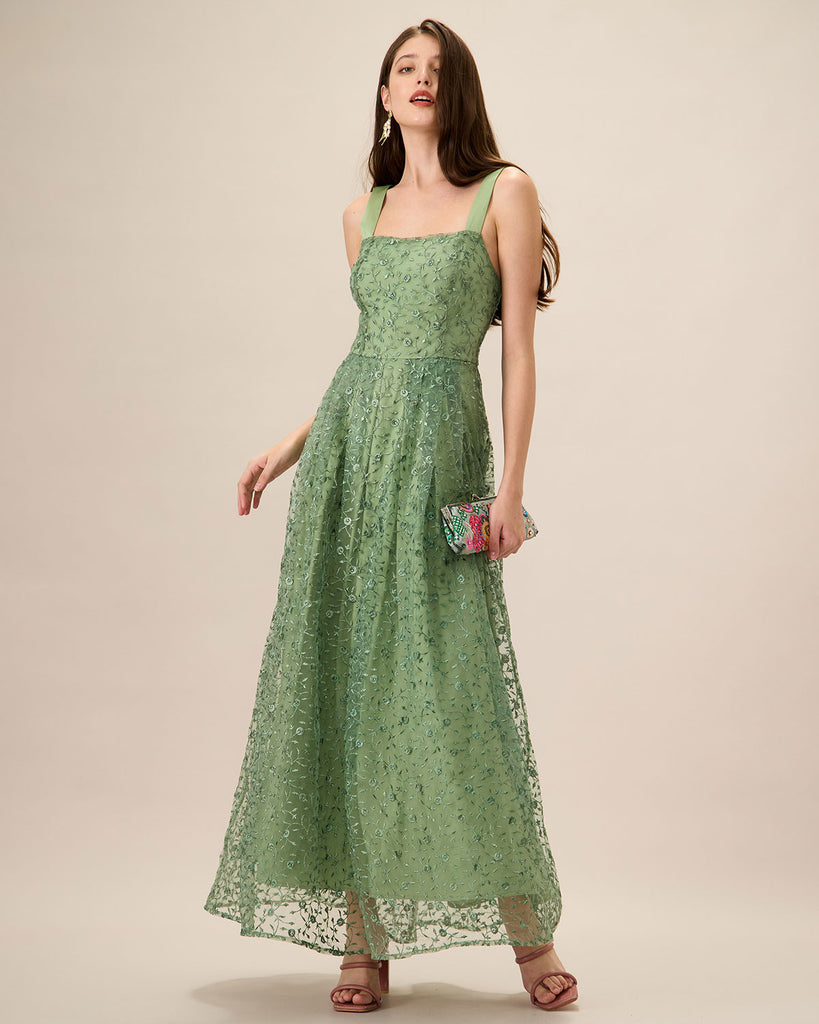 Women's Green Embroidery Mesh Slip Maxi Dress