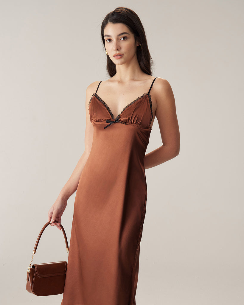 Brown Chiffon V Neck Slip Maxi Dress