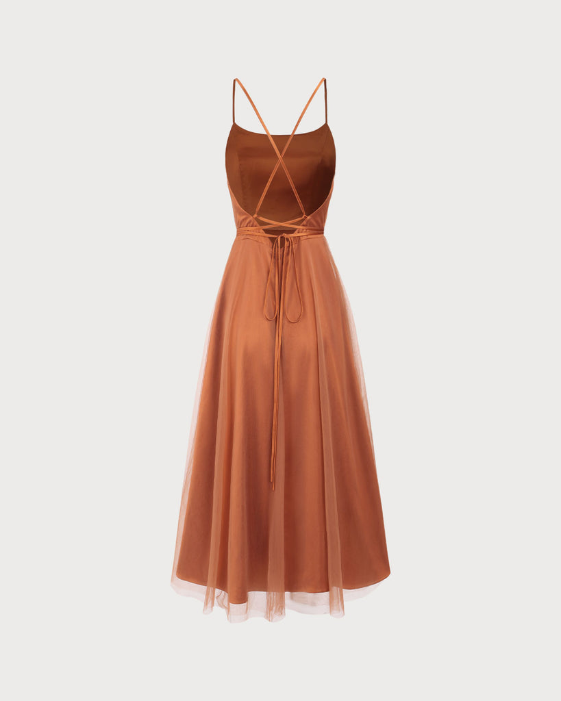 Caramel Mesh Flowy Slip Midi Dress