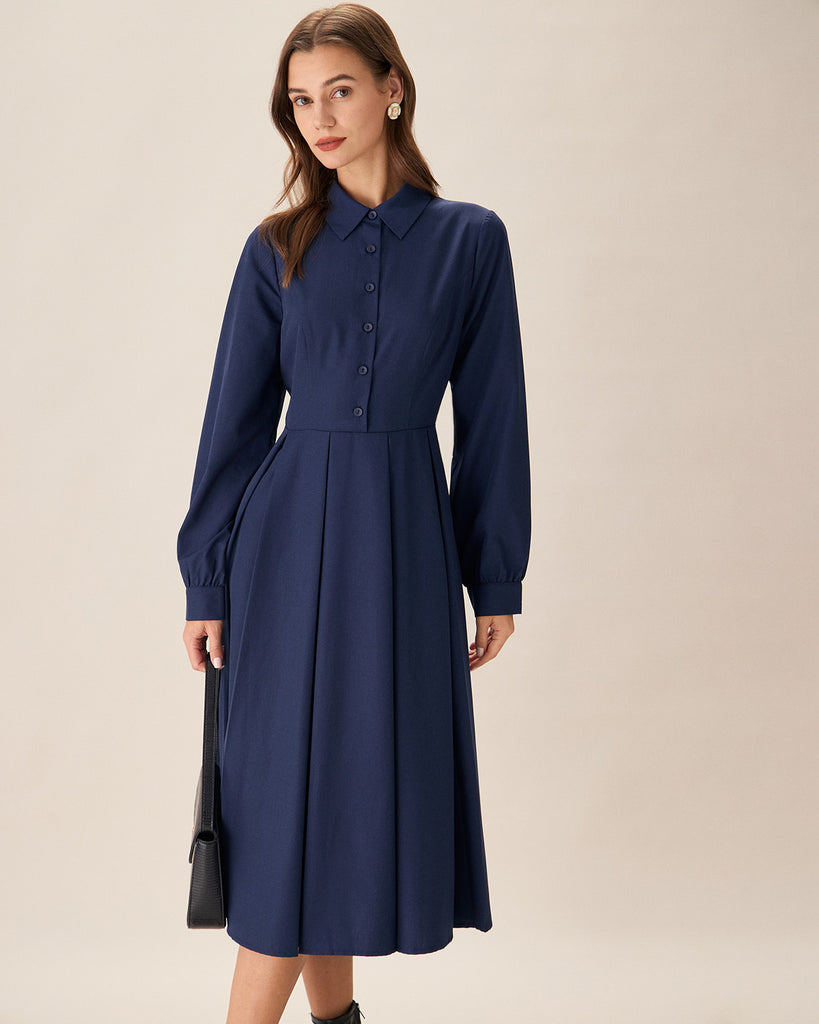 Navy Pleated Button Midi Dress