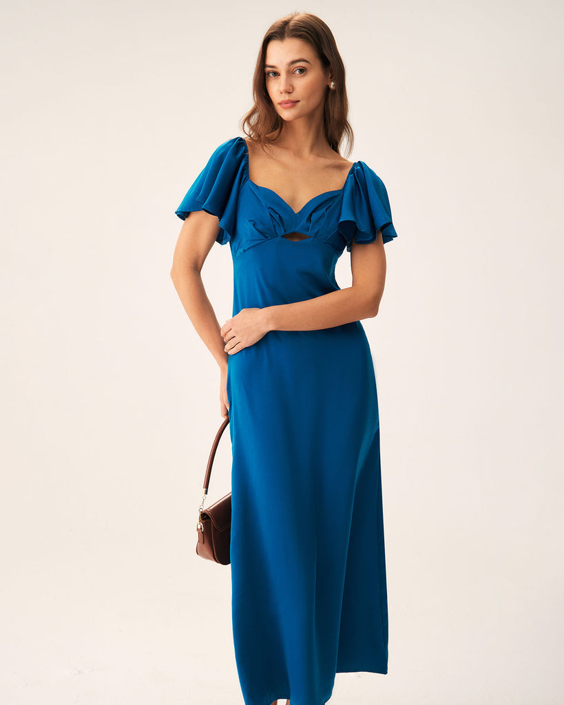 Blue Satin Sweetheart Neck Maxi Dress