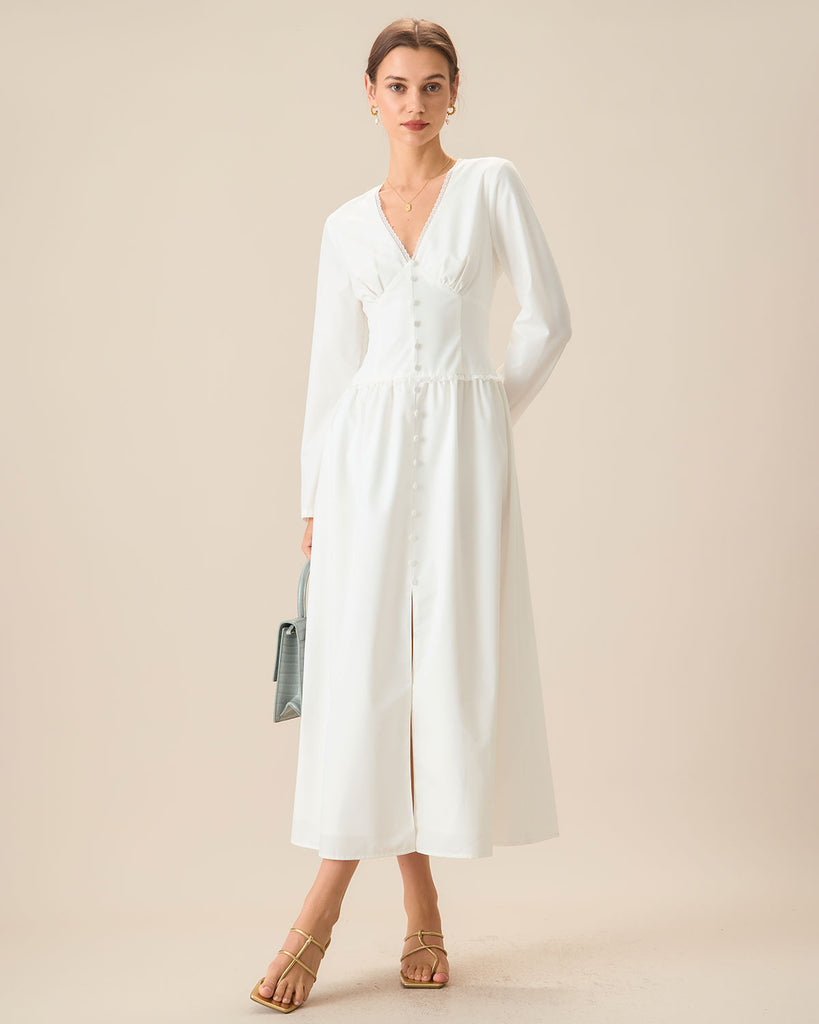 Women's White Ruched Button Maxi Dress