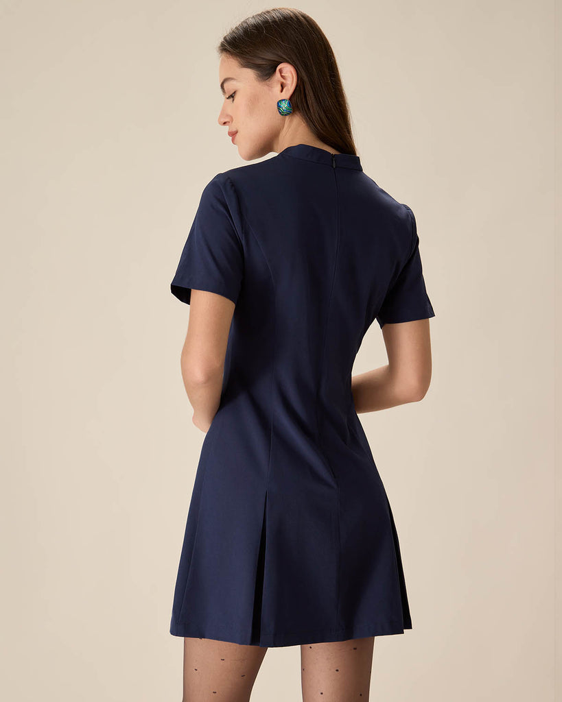 Blue Mock Neck Pleated Mini Dress