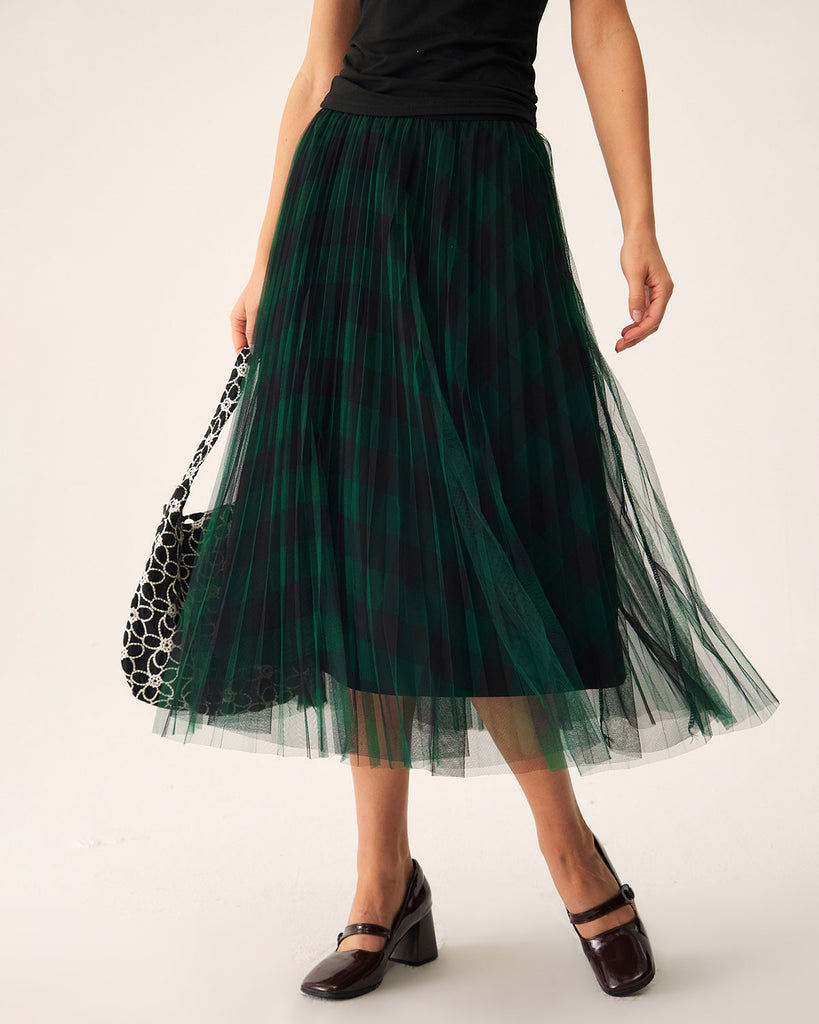 Green Mesh Pleated Midi Skirt