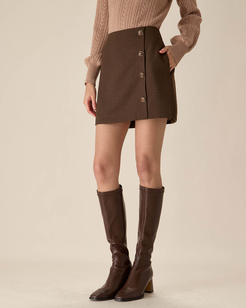 Coffee High-waisted Button Mini Skirt