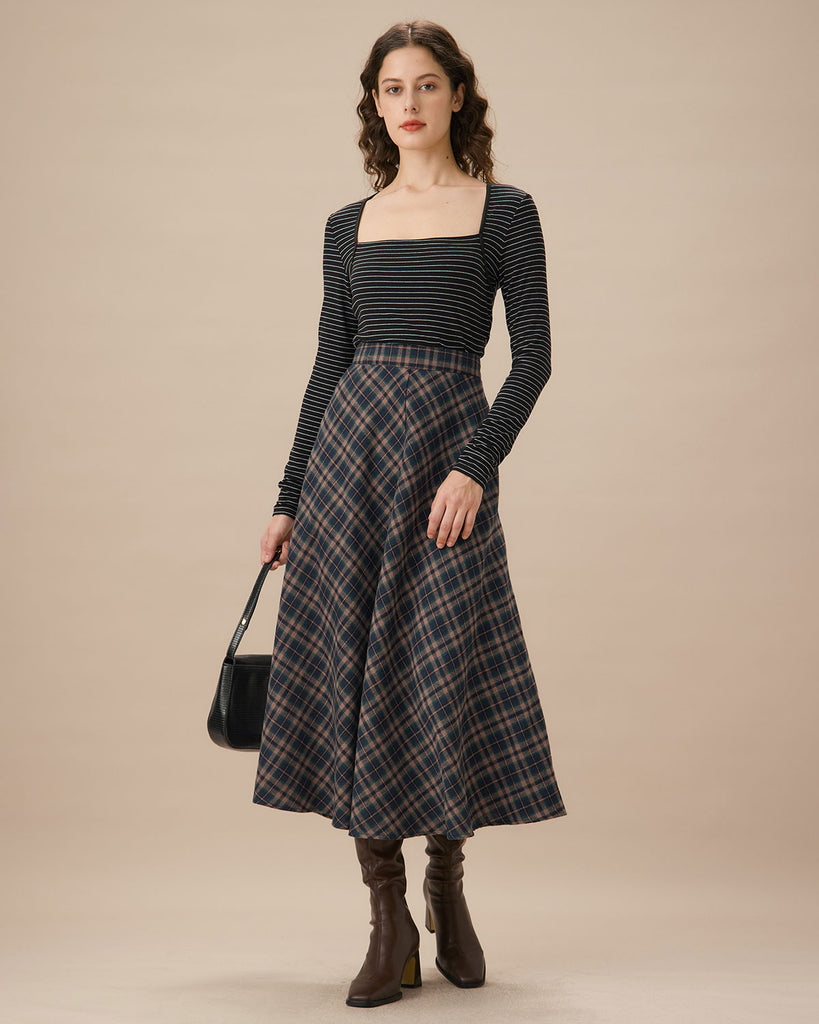 Navy Plaid Flared Midi Skirt