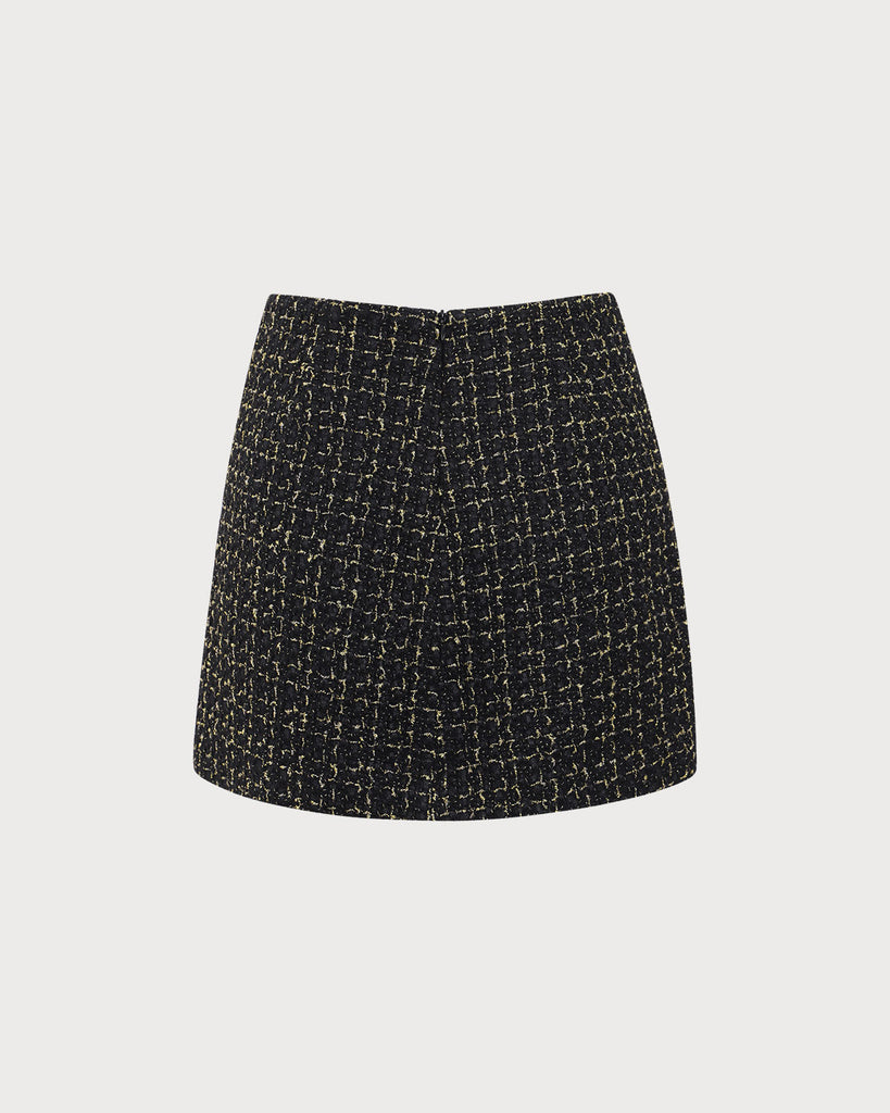 Black High-waisted Button Tweed Skirt