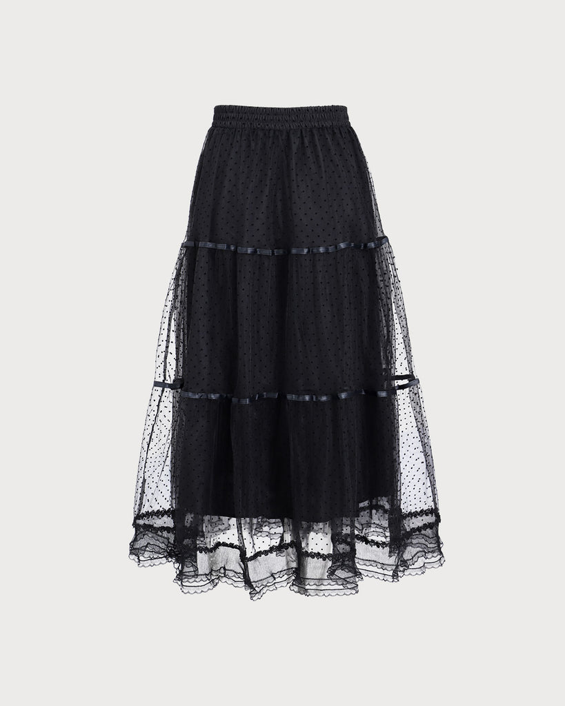 Black Mesh Tiered Midi Skirt