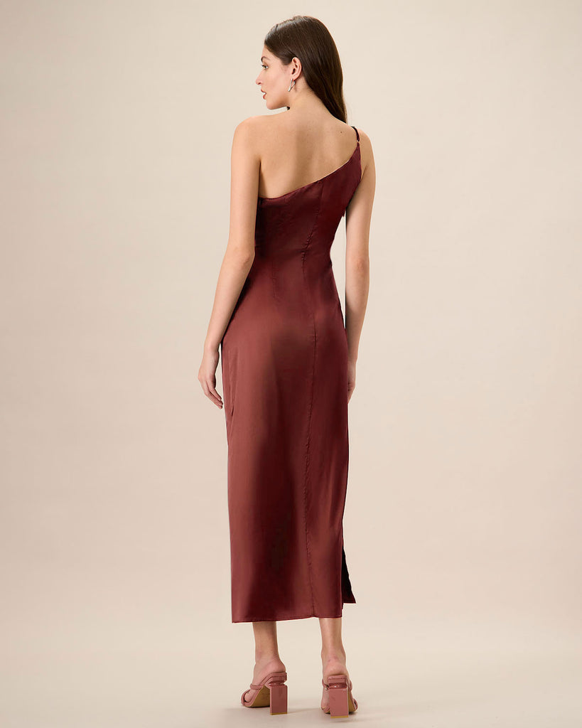 Women's Red One-shoulder Satin Maxi Dress