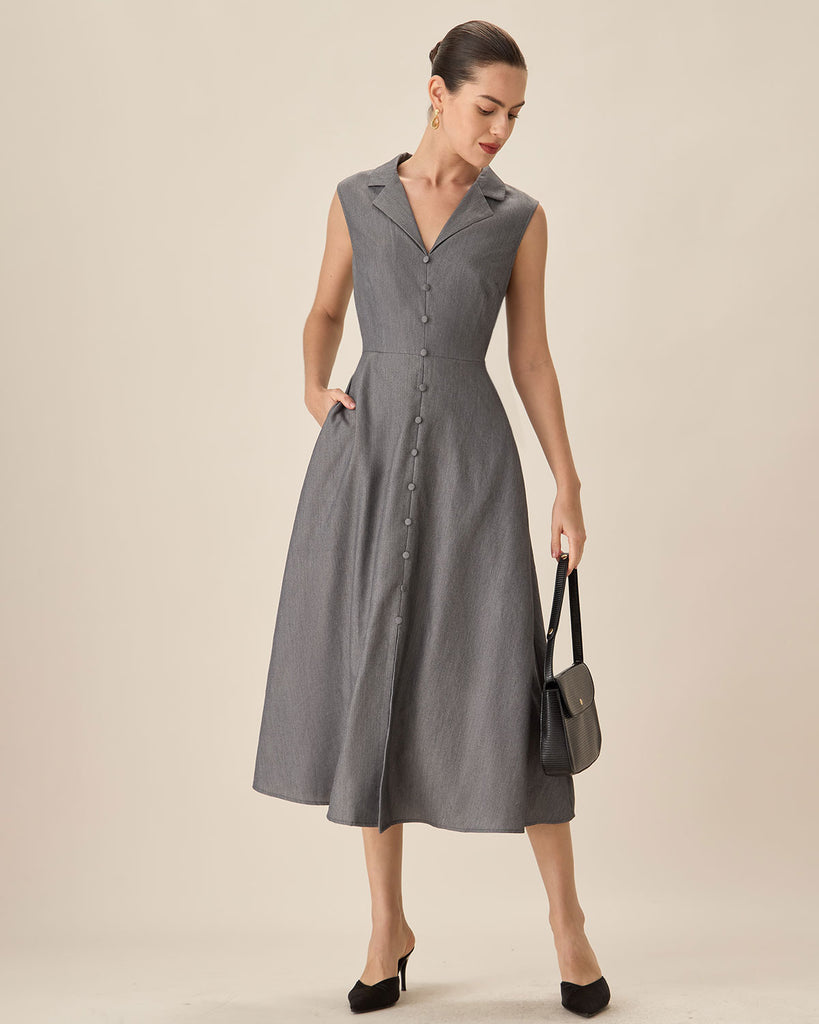 Grey V-Neck Button Midi Dress