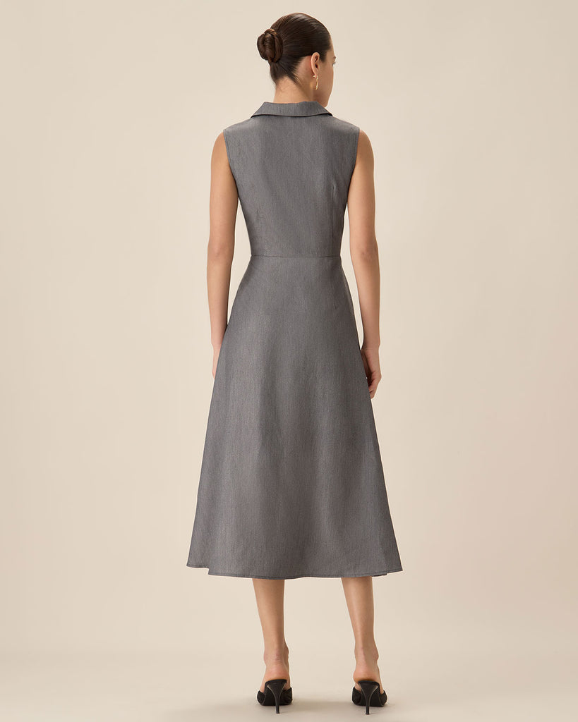 Grey V-Neck Button Midi Dress