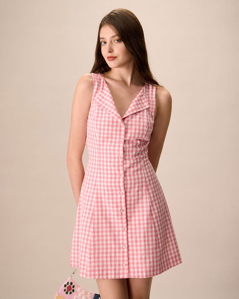 Women's Pink V-Neck Plaid Cotton Mini Dress