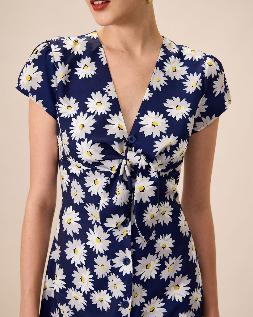 Women's Navy Button-Up Floral Midi Dresses - RIHOAS