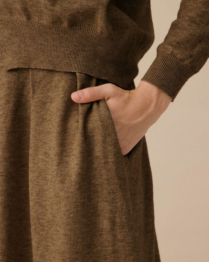 Brown V Neck Cardigan Skirt Set