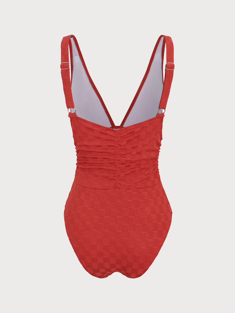 Red Plaid Ruched V-Neck One-Piece Swimsuit